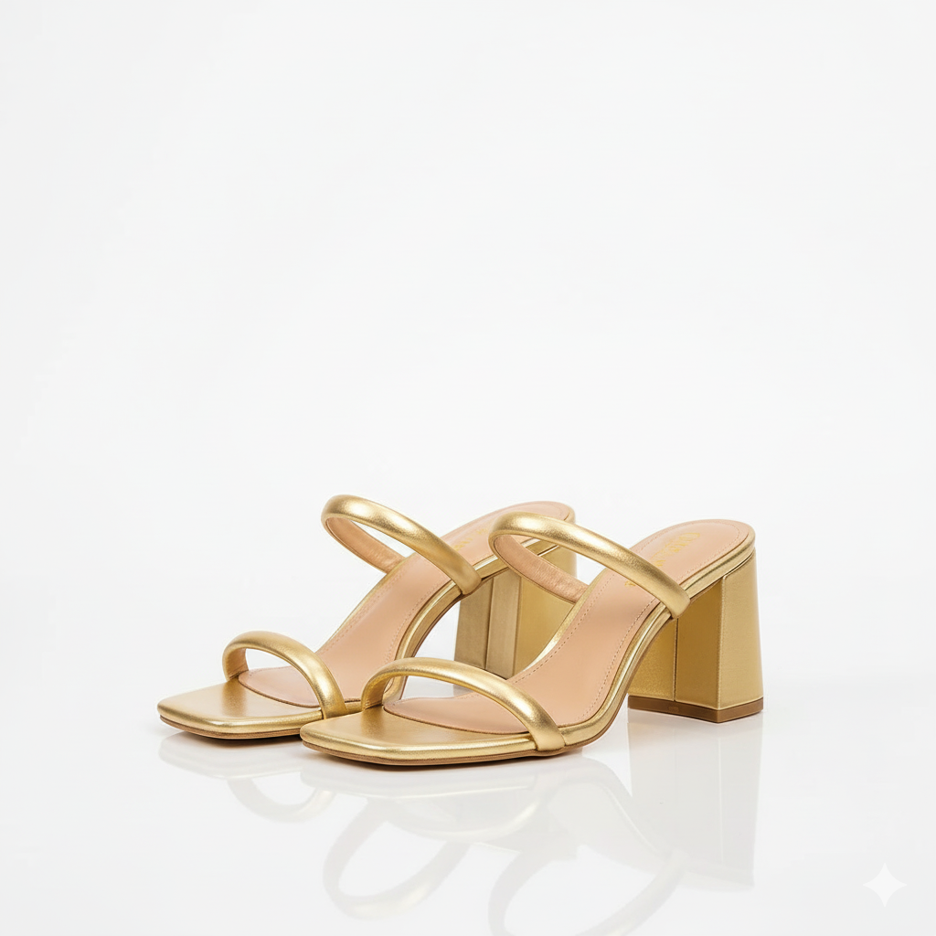 Golden 2-strap block heel sandals for women – Heelory HL23, elegant festive footwear with 2.5-inch heel and soft padded insole.
